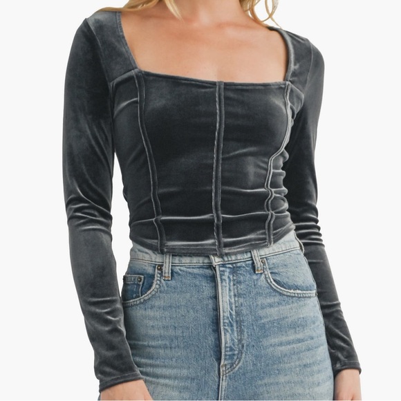 Lush Corset Seam Velvet Long Sleeve Top, Gray, Sz Large - Picture 1 of 7